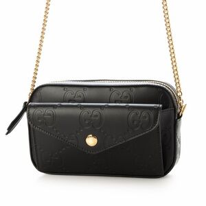 New Gucci Black Embossed Crossbody Bag with Gold Chain